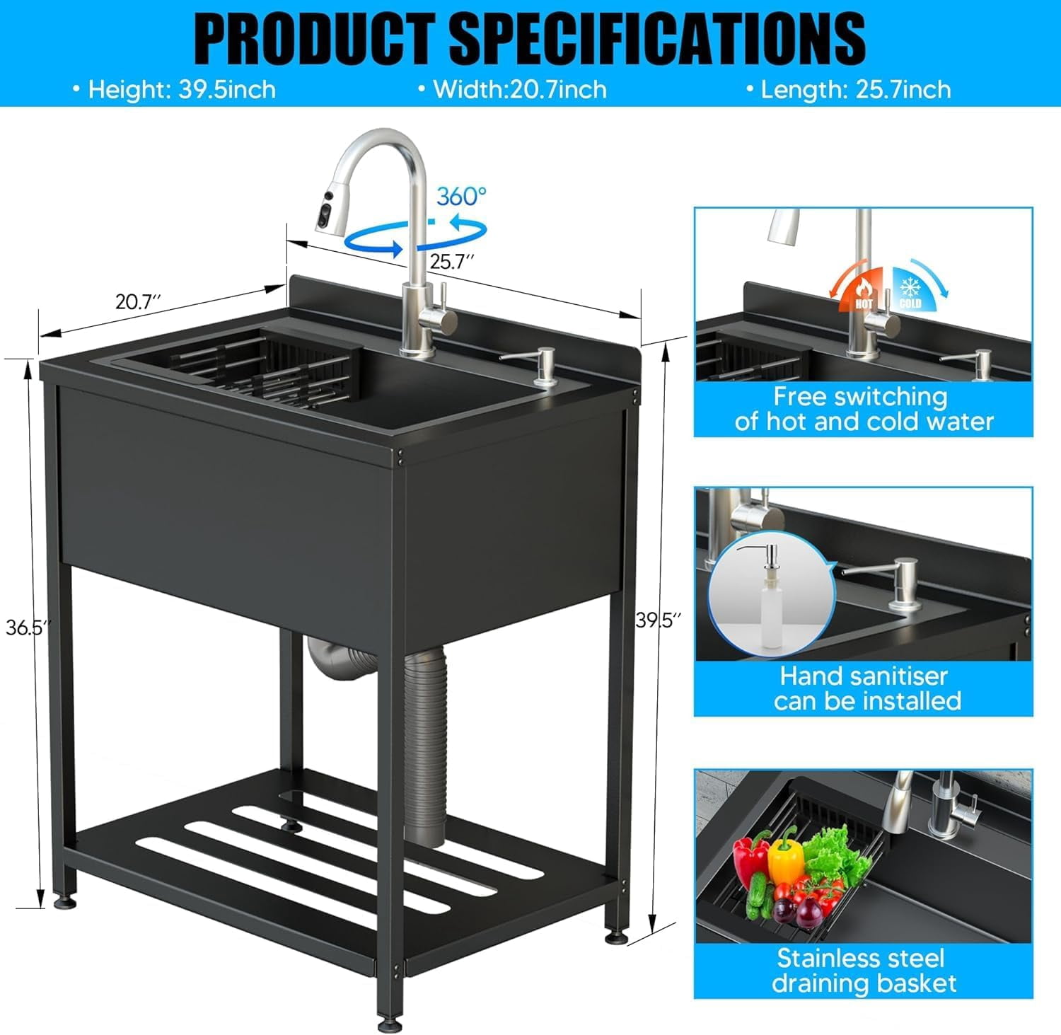 Stainless Steel Utility Sink, 25.7" × 20.7" × 39.5"Freestanding Sink with Cold and Hot Water Faucet,Hoses and Drain Kit for Kitchens, Bathrooms, Garage, Laundry Room