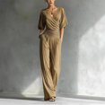 thumbnail image 2 of JULMCOMO Jumpsuits for Women Deep V Neck Cold Shoulder Casual Rompers Half Sleeve Cinched Waist Wide Leg Summer Jumpsuit with Pockets Khaki S, 2 of 5