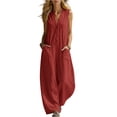 thumbnail image 2 of Linen Jumpsuits for Women Summer Casual Sleeveless V Neck Button Down Wide Leg Boho Jumpsuits, S, 2 of 5