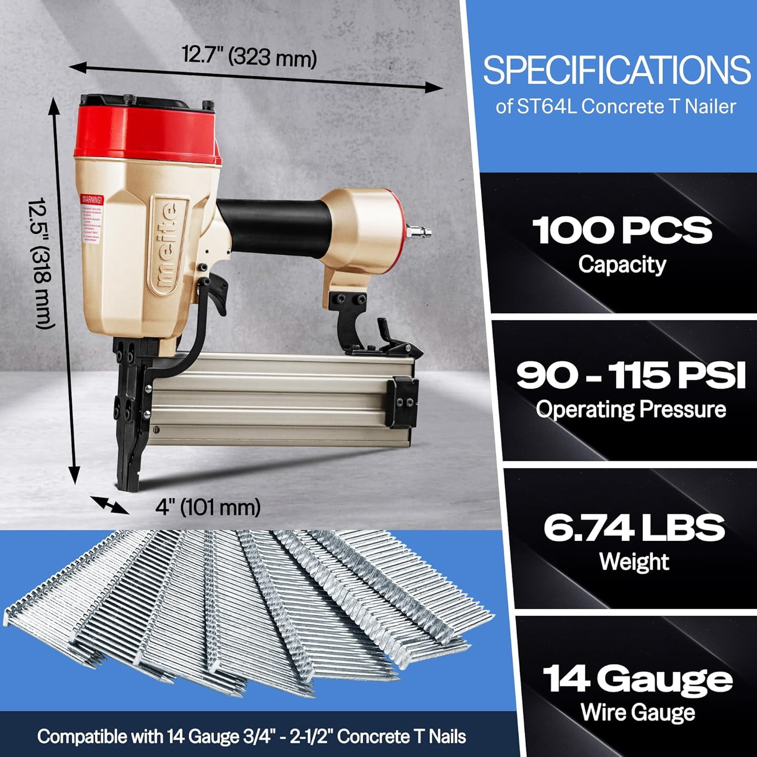 MEITE Concrete T Nailer Long Nose Nails Gun with 400 PCS 1-1/2" Nails Heavy Duty Galvanized