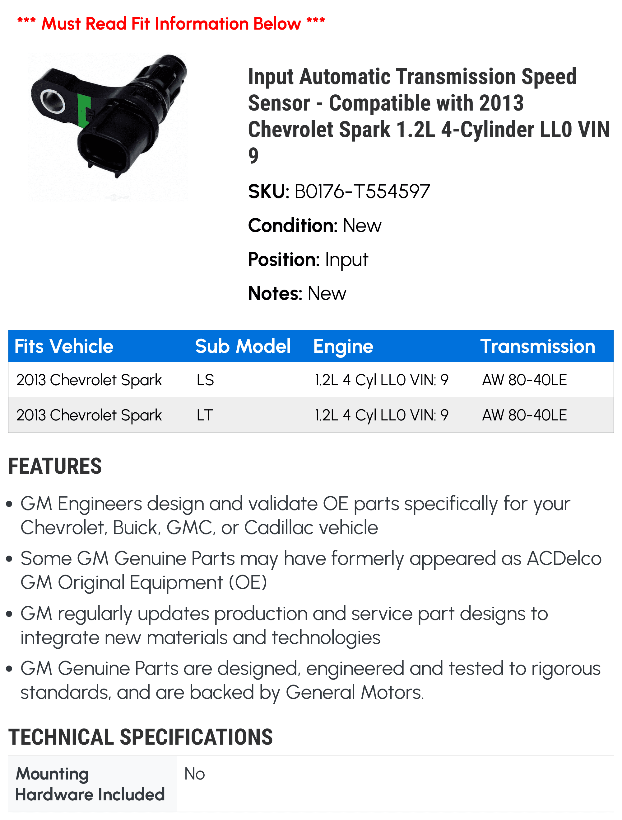 Input Automatic Transmission Speed Sensor - Compatible with