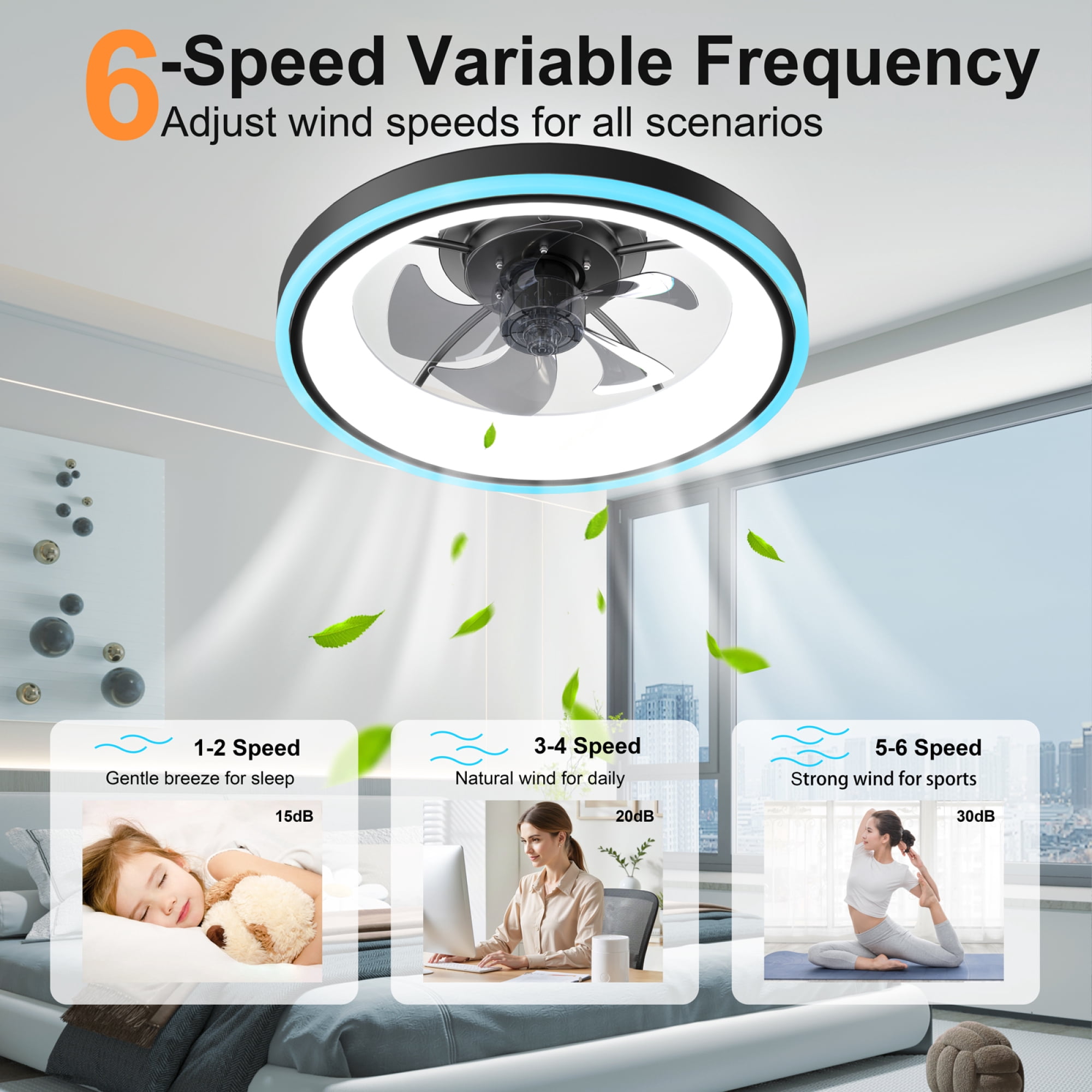 Leumius 19.7" Modern RGB Ceiling Fan with Lights, Flush Mount Low Profile Fan with Remote & APP, 6-Speed Reversible Silent DC Motor, Dimmable 3000-6500K LED for Bedroom Living Room Black