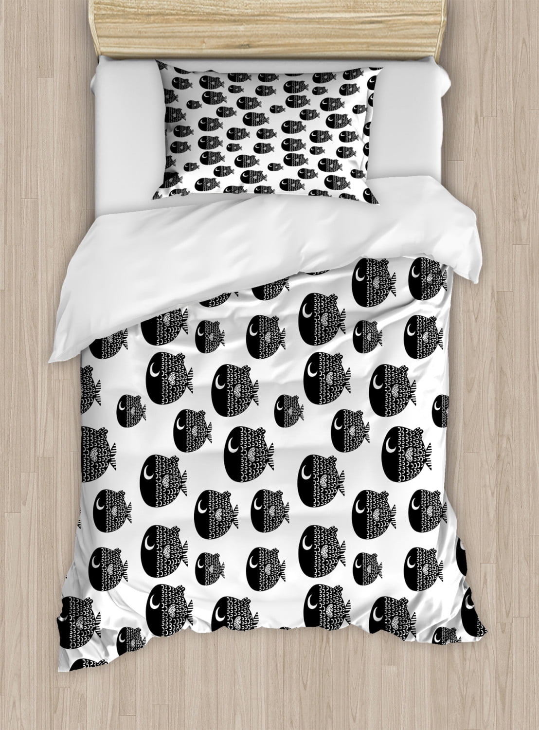 Fish Twin Size Duvet Cover Set, Cute Ornamental Fishes Marine Scandinavian Childish Baby Playroom Kids Caricature, Decorative 2 Piece Bedding Set with 1 Pillow Sham, Black White, by Ambesonne