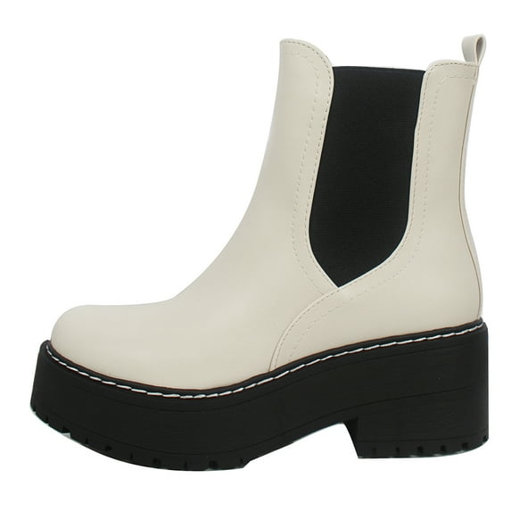 Soda Women's Yossi Chelsea Pull On Chunky Platform Block Heel Ankle Bootie, White, 7.5 M US