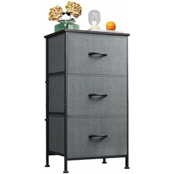 Dresser with 3 Drawers, Fabric Nightstand, Organizer Unit, Storage Dresser for Bedroom, Hallway, Entryway, Closets, Sturdy Steel Frame, Wood Top, Easy Pull Handle, Dark Grey