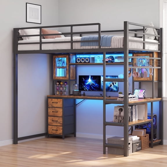 Plonmago Loft Bed Twin Size with Gaming Desk, Storage Drawers, Safety Power Outlet, Metal Loft Bed Frame with RGB Lights, Space Saving Gaming Loft, Guardrail & Ladder,Brown & Black