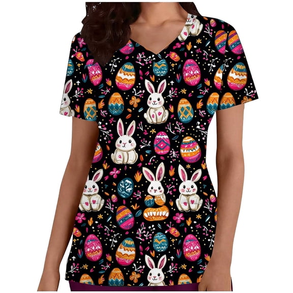 Karymi Easter Scrub Tops for Women Cute Bunny Colorful Eggs Graphic Nurse Tops Slim Fit V Neck Short Sleeve Tunic Uniform Retro T-Shirts