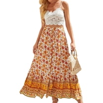 Jdlsppl Women's Boho Skirt High Waist Printed Beach Ruffle A Line Summer Fashion Peasant Travel Casual Button White Large