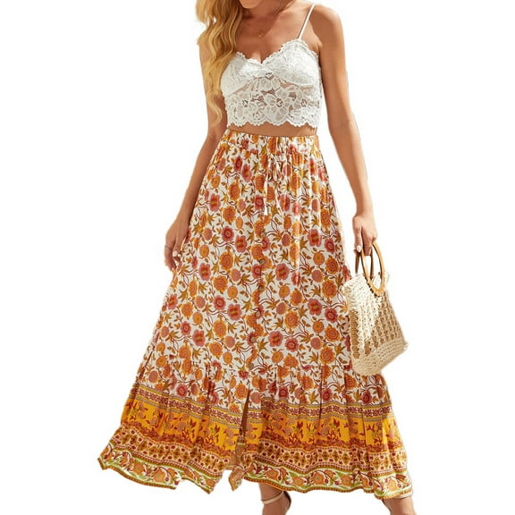 Jdlsppl Women's Boho Skirt High Waist Printed Beach Ruffle A Line Summer Fashion Peasant Travel Casual Button White Large