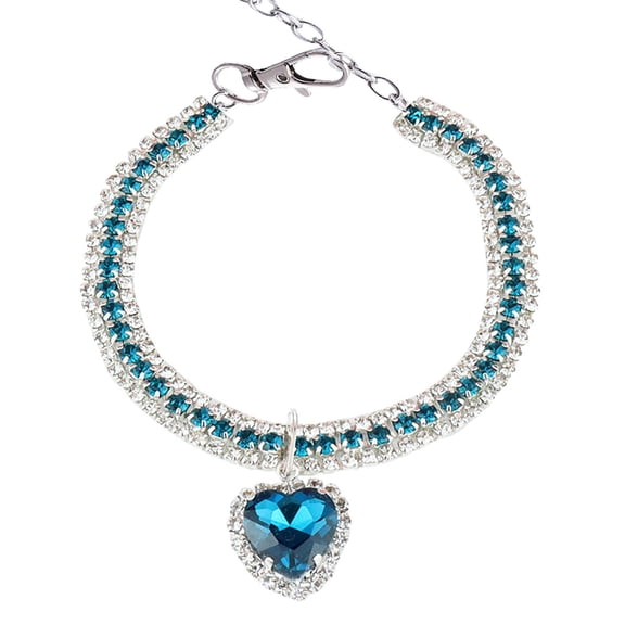 Small Cat Collar | Blue Rhinestone Collar with Heart Shaped Crystal Pendant | Sparkling Pet Collar for Everyday Wear and Gifting