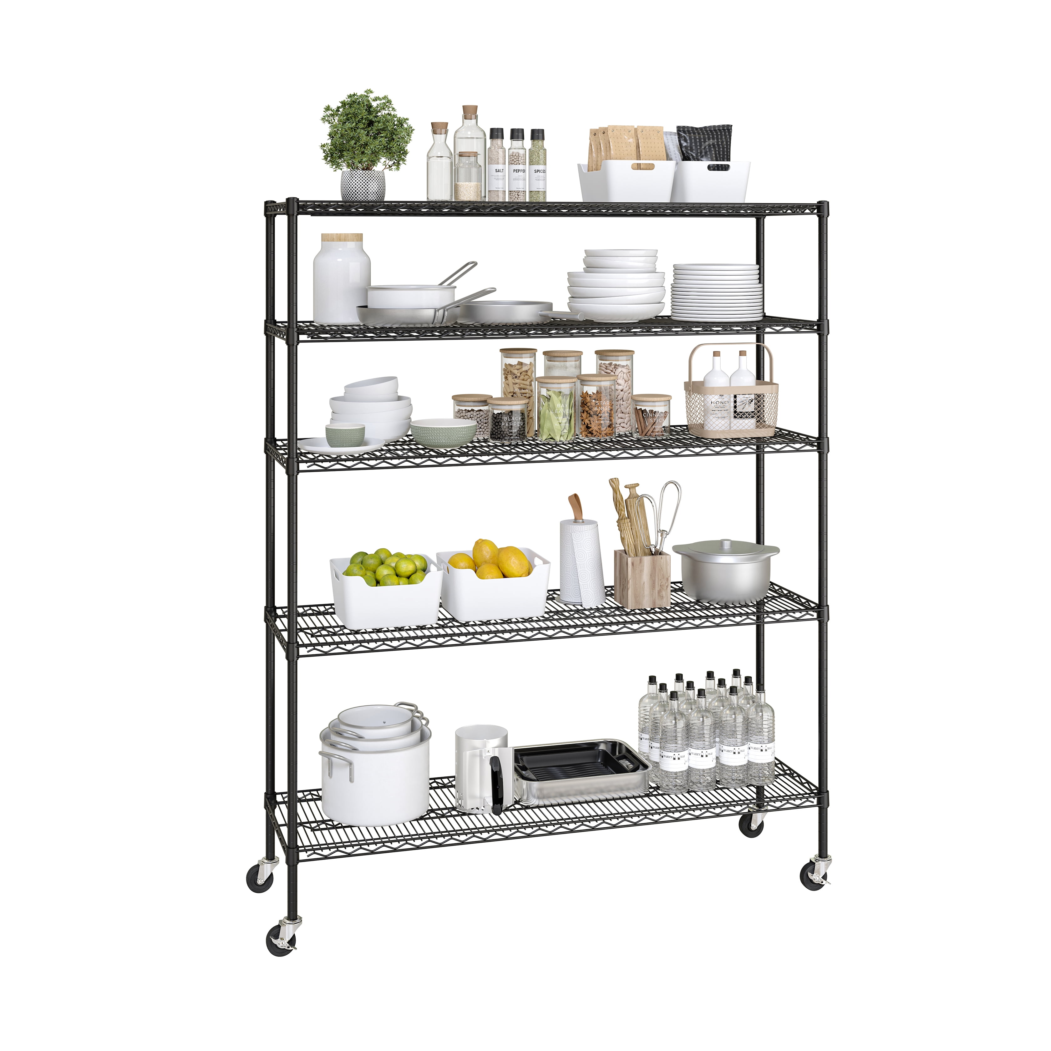 Seville Classics UltraDurable Commercial-Grade 5-Tier NSF-Certified Steel Wire Shelving with Wheels, 60" x 18", Black