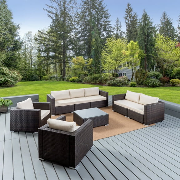 Outdoor 7 Seater Wicker Sofa Chat Set with Aluminum Frame and Cushions, Multibrown, Beige