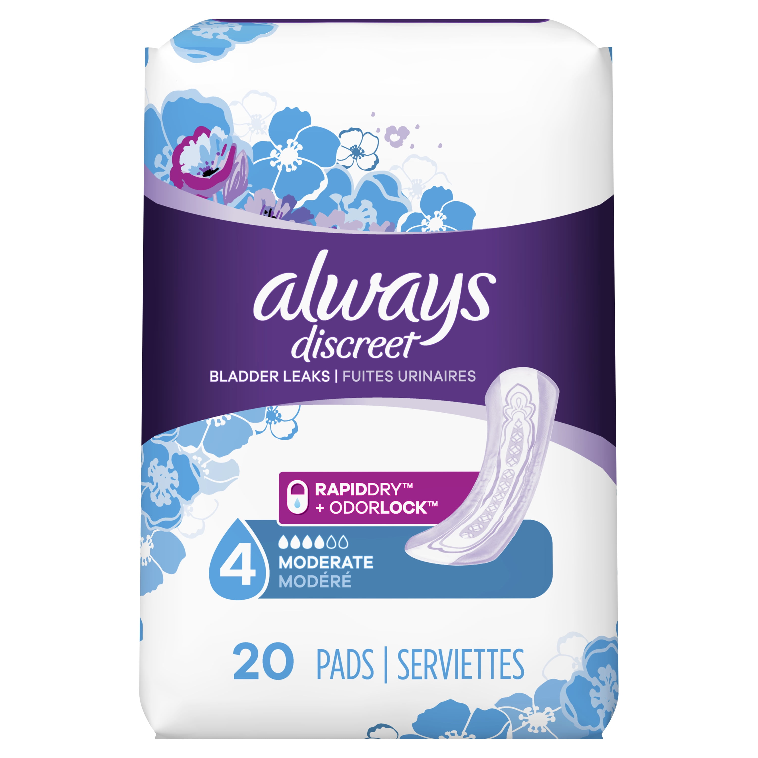 Always Discreet Incontinence Pads for Women, Moderate Absorbency, 20