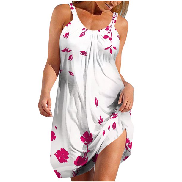 Vestidos de Verano Lindos para las Mujeres Que Imprimen Vestido de Sol Suelto con Cuello en V, sin Mangas con Bolsillos para el Uso Informal