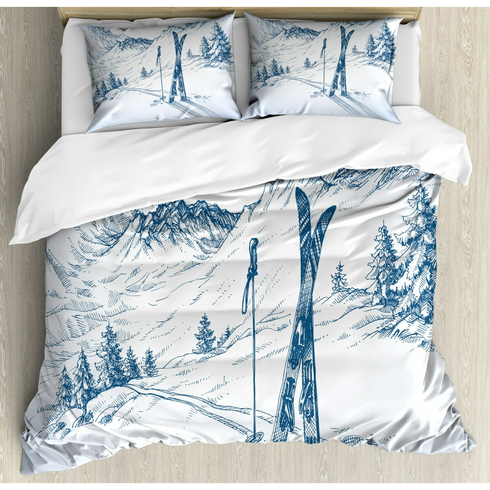 Winter Duvet Cover Set, Dramatic Landscape of Snowy Mountains Snow