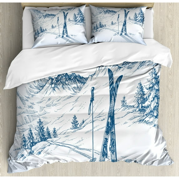 Winter Duvet Cover Set Queen Size, Dramatic Landscape of Snowy Mountains Snow Boarding and Pine Tree, Decorative 3 Piece Bedding Set with 2 Pillow Shams, Dark Petrol Blue and White, by Ambesonne
