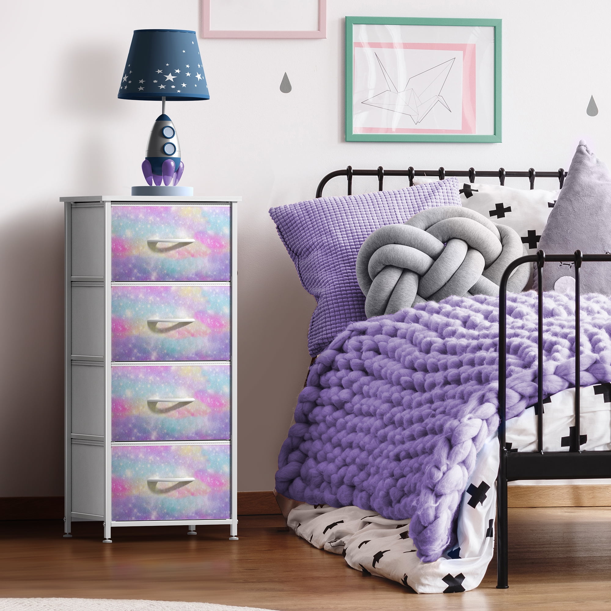 Sorbus 4-Drawer Nightstand, Bedside Table with Steel Frame, Wood Top, Rainbow Sparkle
