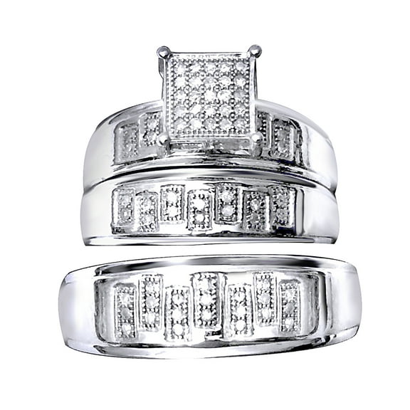 AFFY White Natural Diamond Wedding & Engagement Trio Bridal Ring Set In 10k White Gold (0.2 Cttw)
