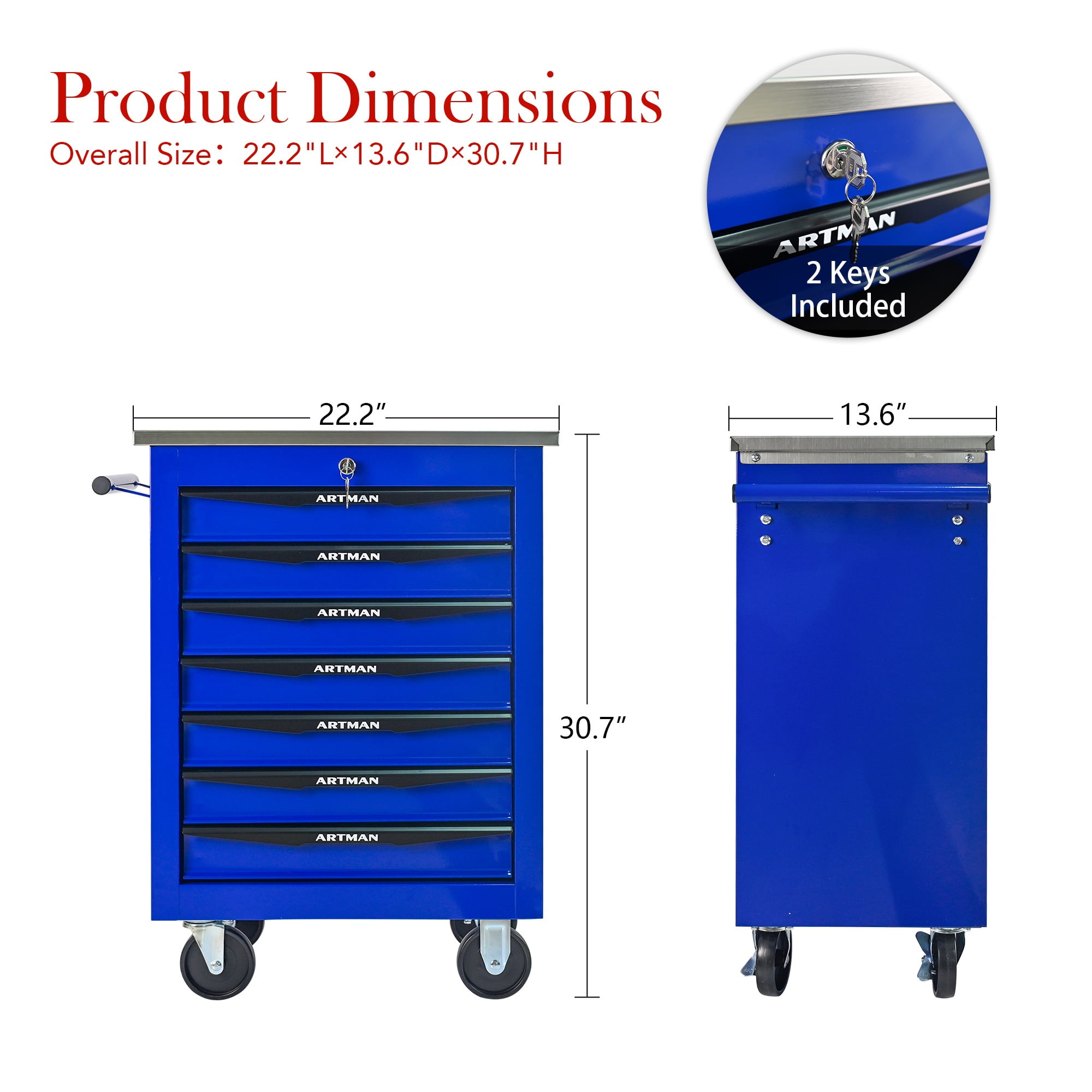 7-Drawer Heavy-Duty Rolling Tool Chest Cart with Wheels & Stainless Steel Roof