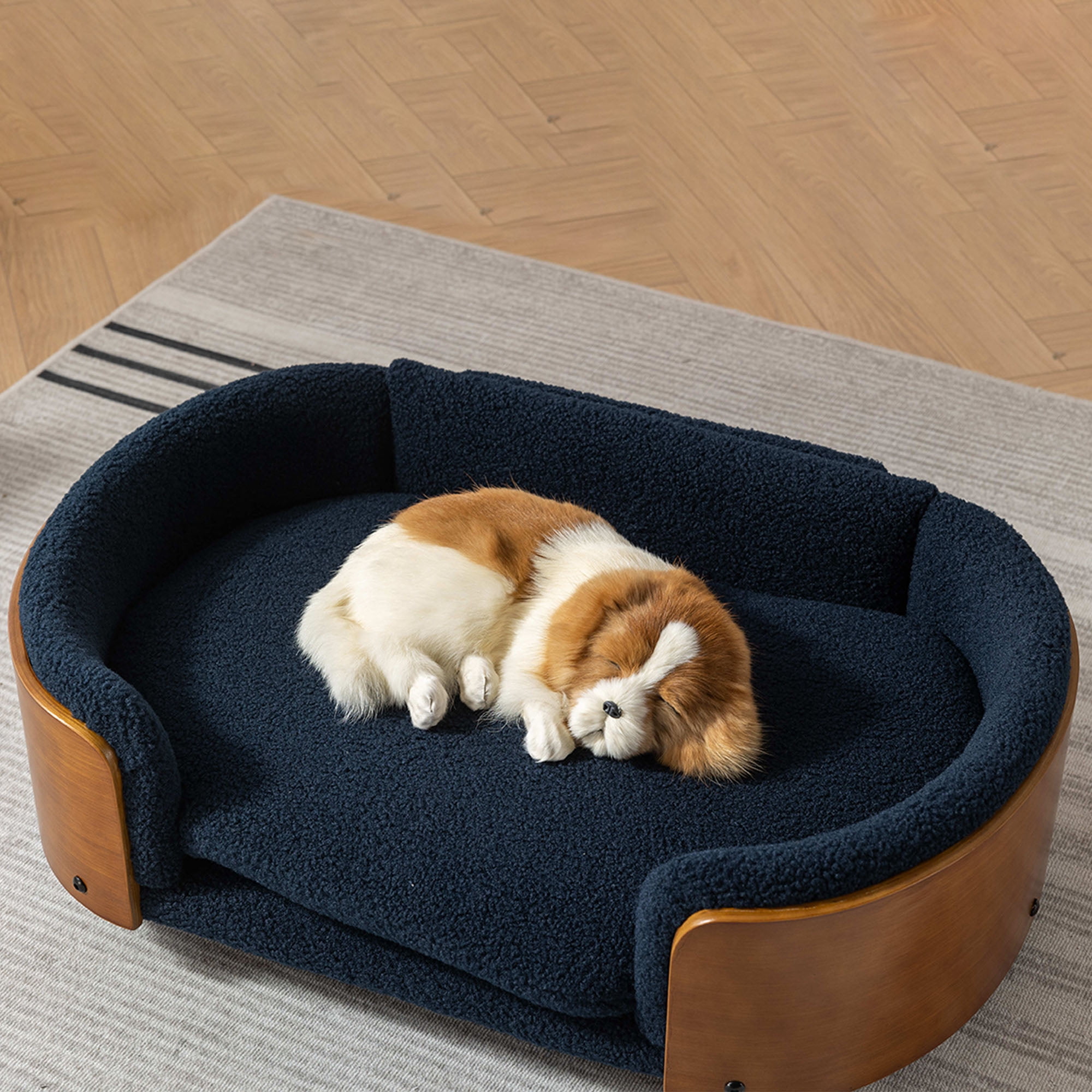 Pefilos 30" Elevated Pet Dog Bed with Solid Wood Legs and Walnut Bent Wood Back, Cashmere Cushion, Pet Sofa for Indoors Dogs, Dark Blue Pefilos 30" Elevated Pet Dog Bed with Solid Wood Legs and Walnut Bent Wood Back, Cashmere Cushion, Pet Sofa for Indoors Dogs, Dark Blue