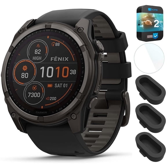 Garmin 010-02906-10 Fenix 8 47 mm Solar Sapphire Carbon Gray DLC Titanium with Black/Pebble Gray Band Bundle with Dust Cover 3 Pack, 1.4 Inch Screen Protector and 2 YR CPS Enhanced Protection Pack