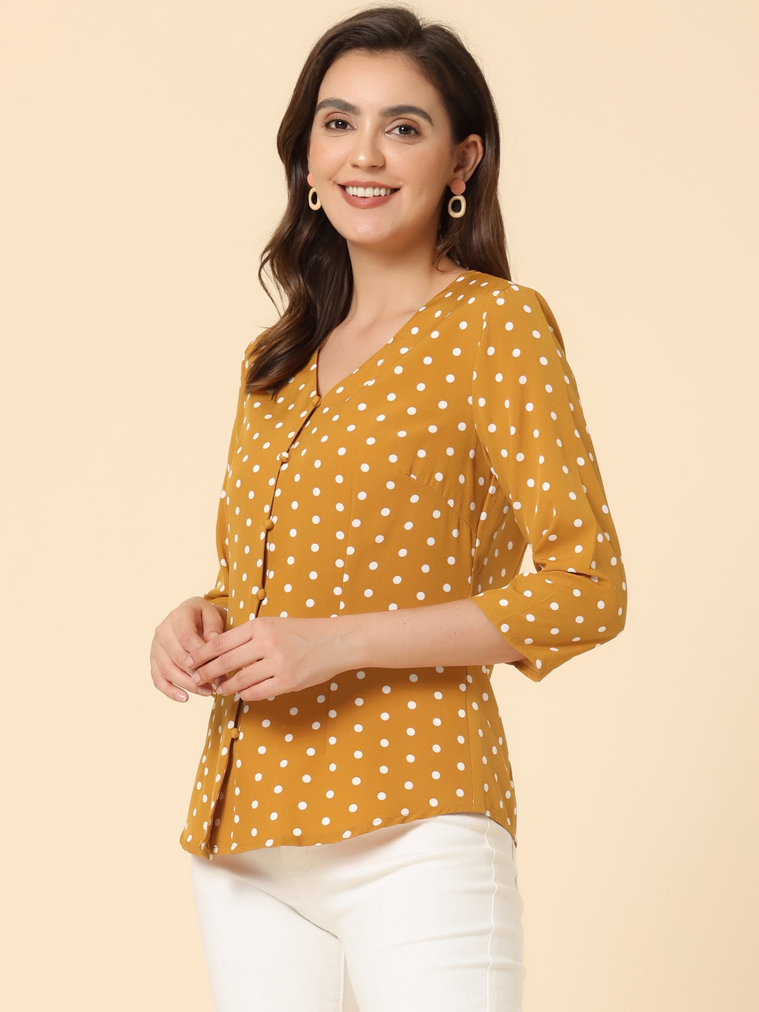 DARING DIVA Women's V Neck Polka Dots 3/4 Sleeve Casual Button Blouse M Yellow