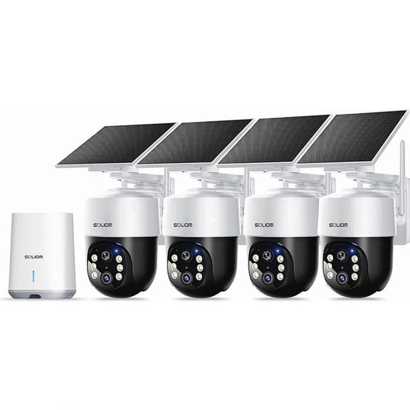 Soliom Wireless Outdoor Solar Security Camera 4-Cam Kit, 360° Auto Tracking with Radar, 5G/2.4G WiFi, 4K UHD Day & Night, No Fee, Home Security