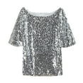 thumbnail image 6 of Wangmeiwg Women's T-Shirts title Women's Sequin V Neck Tank Top Solid Color Slouchy T Shirt With Charm Grey XXL, 6 of 6