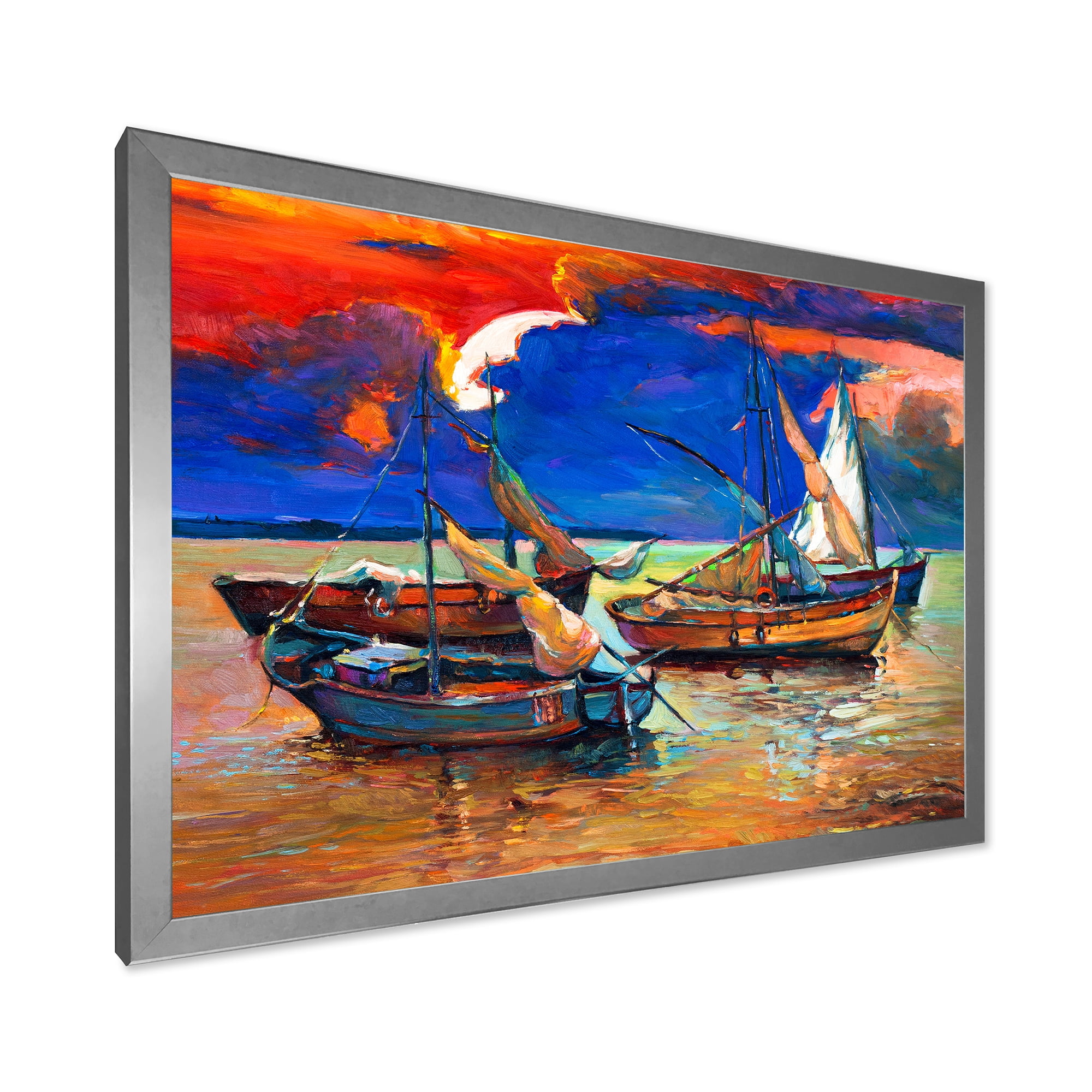Designart 'Boats On The Water With Dark Blue Sky I' Lake House Framed Art Print