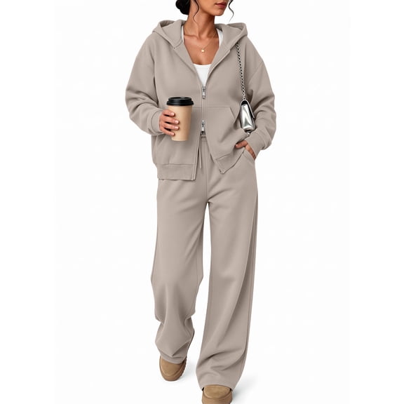SUNBS Sweatssuits Zip-Up Hoodie Outfits for Women Fall Oversized Loungewear Sets with Wide Leg Pants