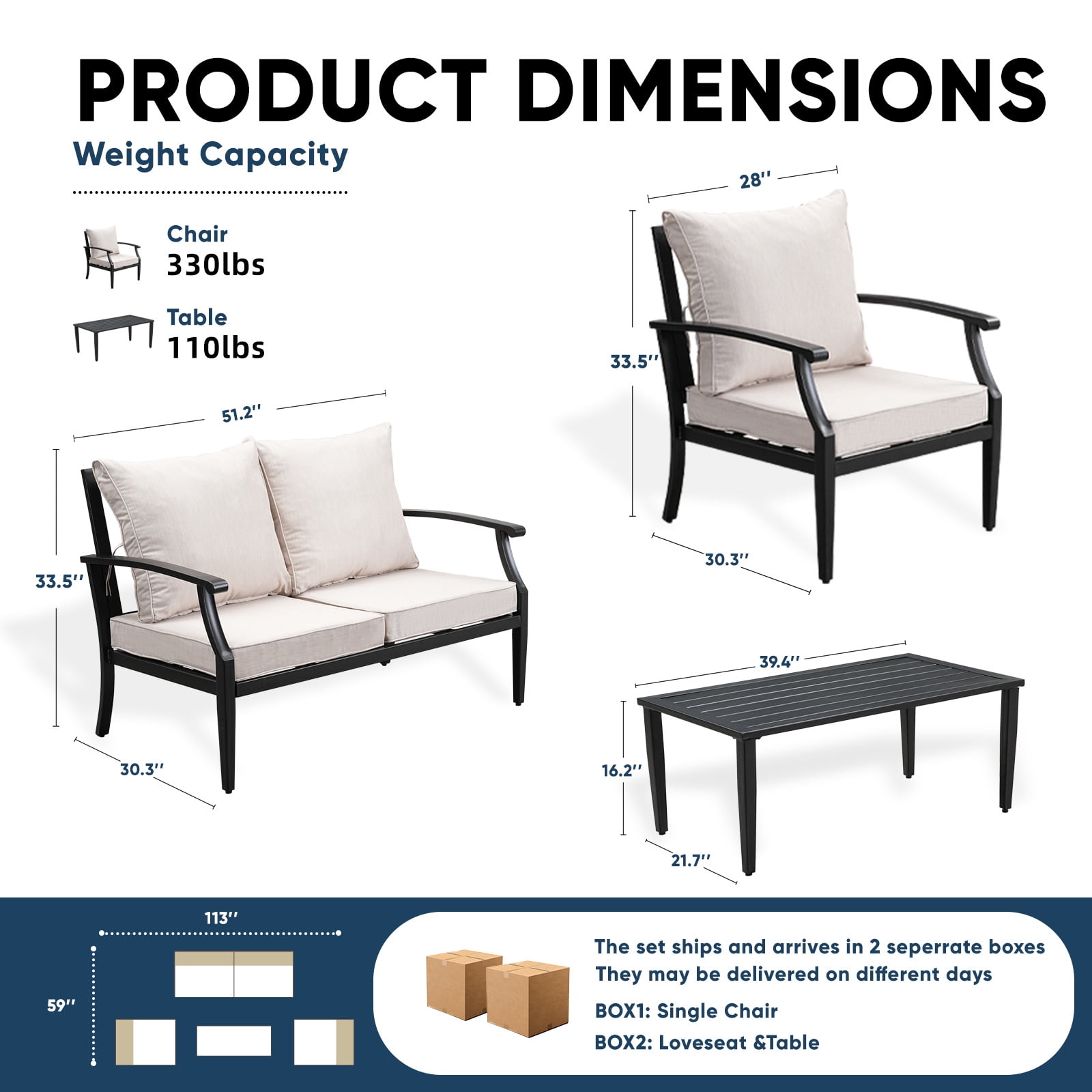 TerraRelax 4 Piece Outdoor Patio Furniture Set, Oversized Metal Conversation Set with High Back & Deep Seating, Water-Repellent Cushions, Coffee Table for Porch, Deck, Backyard, Beige