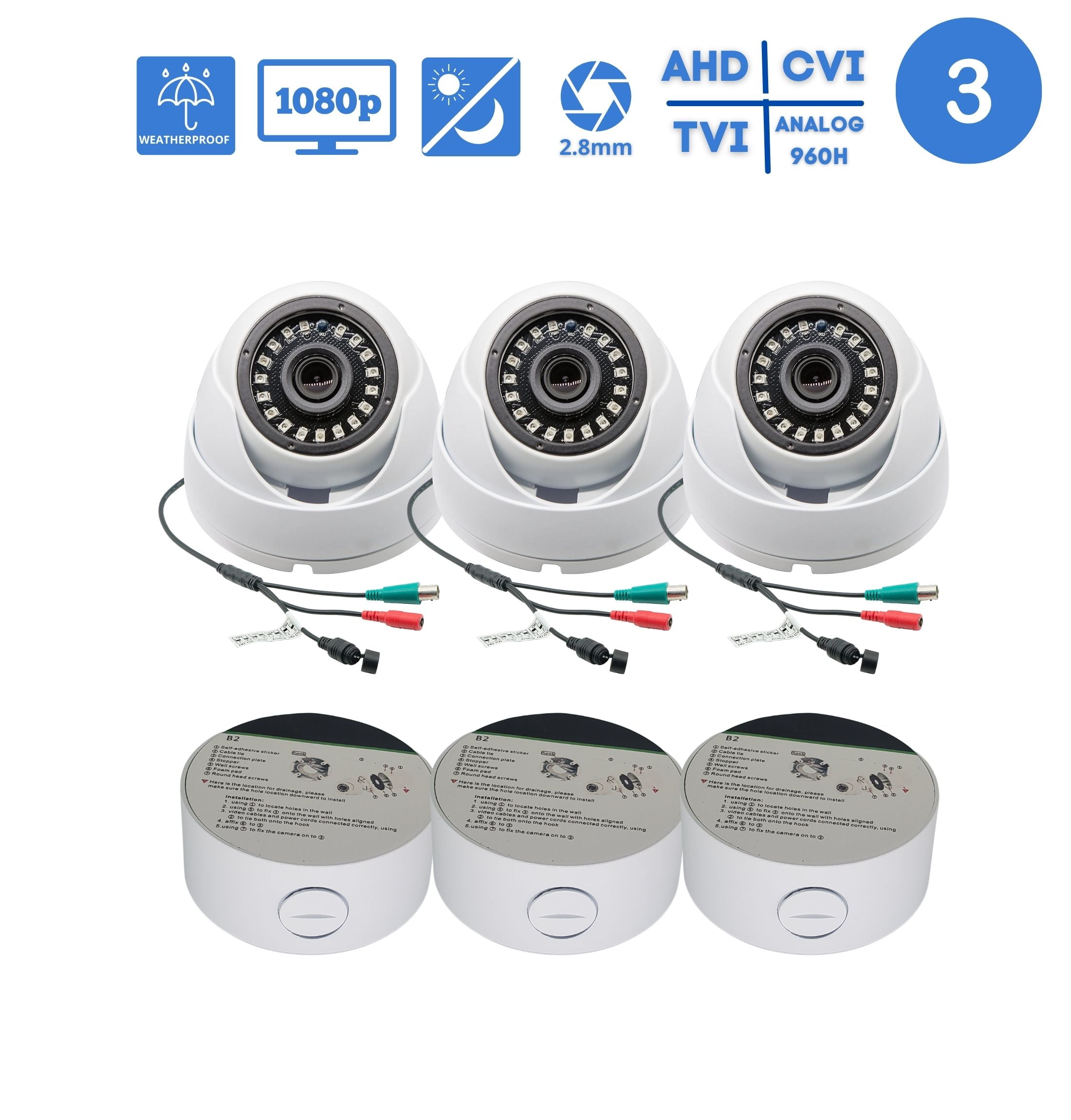 Evertech 1080P HD 3 Dome Security Surveillance Cameras with 3 Junction