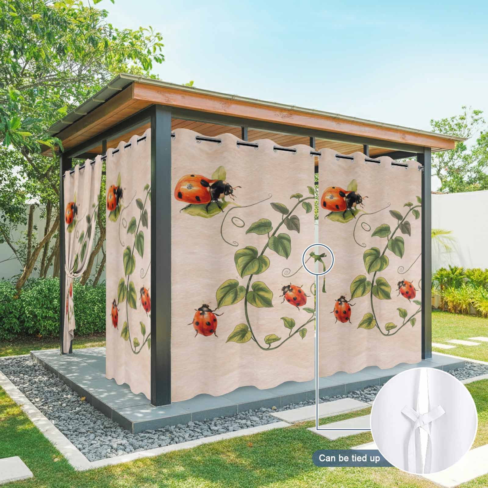 Outdoor Curtains for Patio Waterproof, Ladybugs Eucalyptus Outdoor Privacy Panels Grommet, Spring Botanical Leaves Retro Blackout Outside Curtains for Porch/Cabana/Pergola/Gazebo 54"x108", 1 Panel