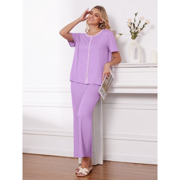 MINTREUS Pajama Sets for Women Short Sleeve Sleepwear Button Down Pjs Soft 2 Piece Lounge Sets with Pockets