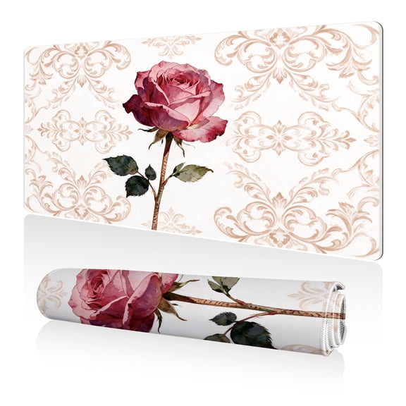 LIVEKEY Mouse Pad 80x40cm Extra Large Non Slip Stitched Durable Easy Clean Vintage Rose Floral Damask Pattern for Gaming Office