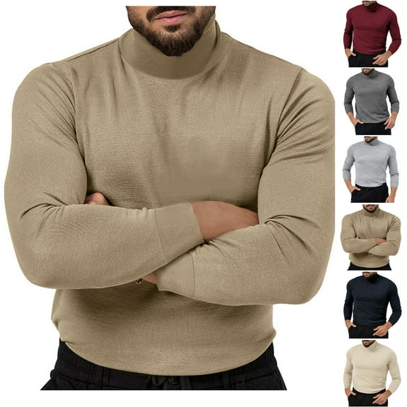 Lovskoo Mens Sweaters Solid Color Pullover High Stretch High Neck Knit Long Sleeve Top/Shirt Black