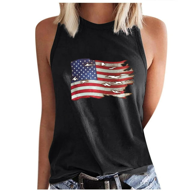 Débardeurs d'Été pour Femmes Col Rond Étoiles Rayures Imprimé Sans Manches Chemises Décontractées Coupe Ample Blouse d'Entraînement T-Shirts