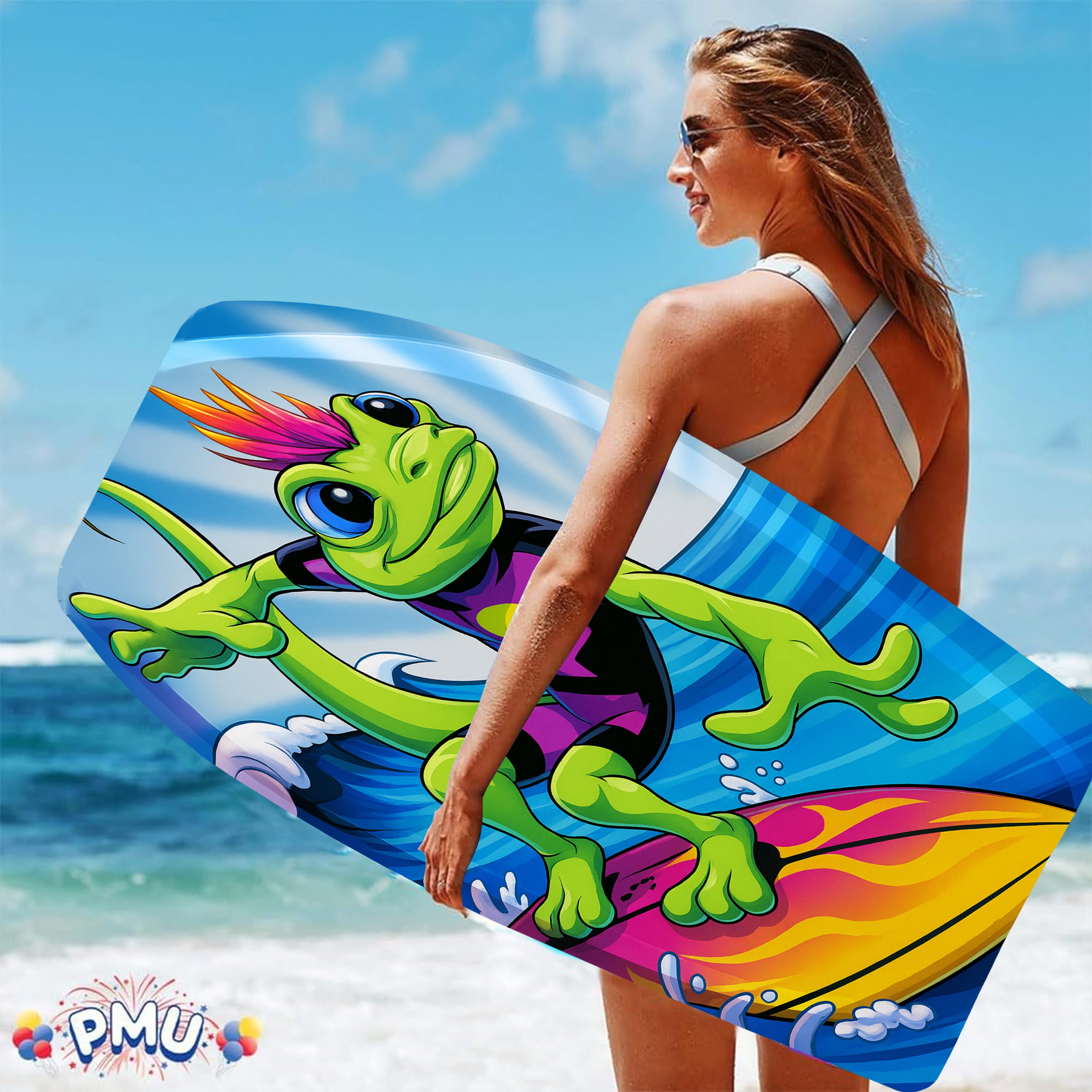 PMU 33 Inch Lizard Printed Bodyboard - Lightweight Wrist Leash Slick Bottom Boogie Board for Beach, Sea & Pool - Surfing Board for Kids, Teens & Adults Wave Conditions Pkg/1