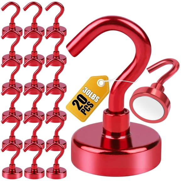 DIYMAG 20 Pack Magnetic Hooks, 30Lbs Heavy Duty Cruise Magnet Hooks for Fridge,  Classroom, Cabins, Grill, Kitchen, Garage, Workplace and Office (Red)