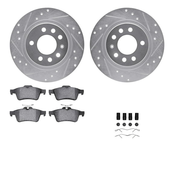 Dynamic Friction Company Rear Brake Rotors-Drilled and Slotted-Silver with 5000 Advanced Brake Pads includes Hardware 7512-53006