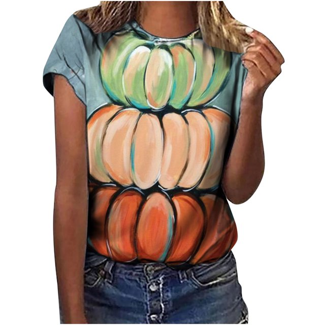Camiseta de manga corta con cuello redondo para mujer, estampado de Halloween, informal, con estampado de blusa Pompotops hfajkhk140130