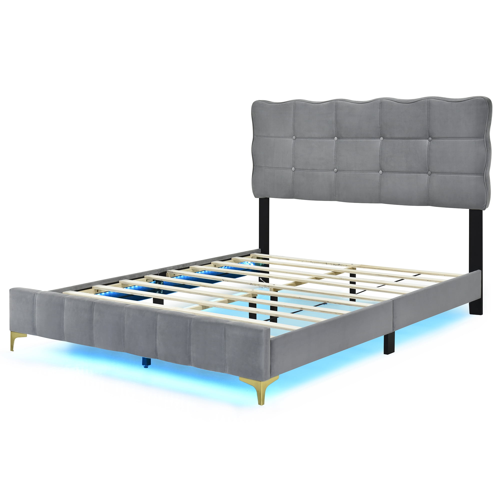 Miniyam Velvet Upholstered Platform Bed, Queen Size LED Bed Frame with Button Tufted Design Headboard and Solid Wood Slat Support, Gray