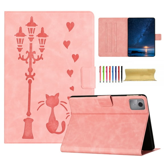 for Lenovo Tab M11 11" 2024 Folio Flip Case, Embossed PU Leather Case with Smart Auto Wake / Sleep & Adjustable Stand (3 Anti-Slip Strips) with Card Slots, Pink