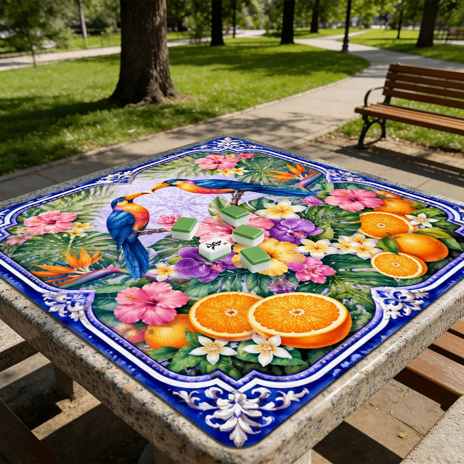 Mahjong Mat 31.5" x 31.5" Tropical Floral Bird Vibrant Colors Exotic Elements Non-Slip Noise Reduction American Mahjong Tiles Table Cover for Dominoes Poker Card Board Games Gift
