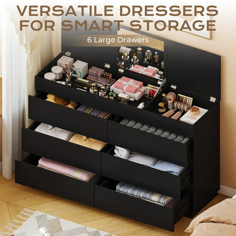 Ktaxon 6 Drawer Double Dresser with Mirrow Wood Dresser Storage Cabinet Drawer Organizer Chest of Drawers, Black