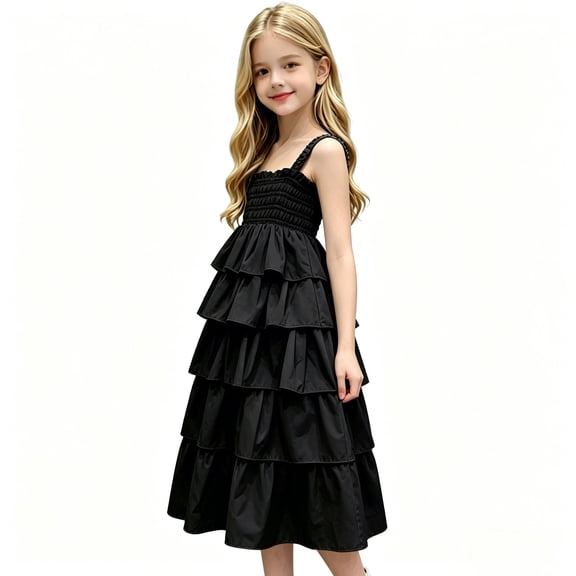 ATOGUTA Girls Formal Dresses Flowy Dresses A-line Sundress for Girls Casual Beach Wedding Dress Size 5T-13, Black
