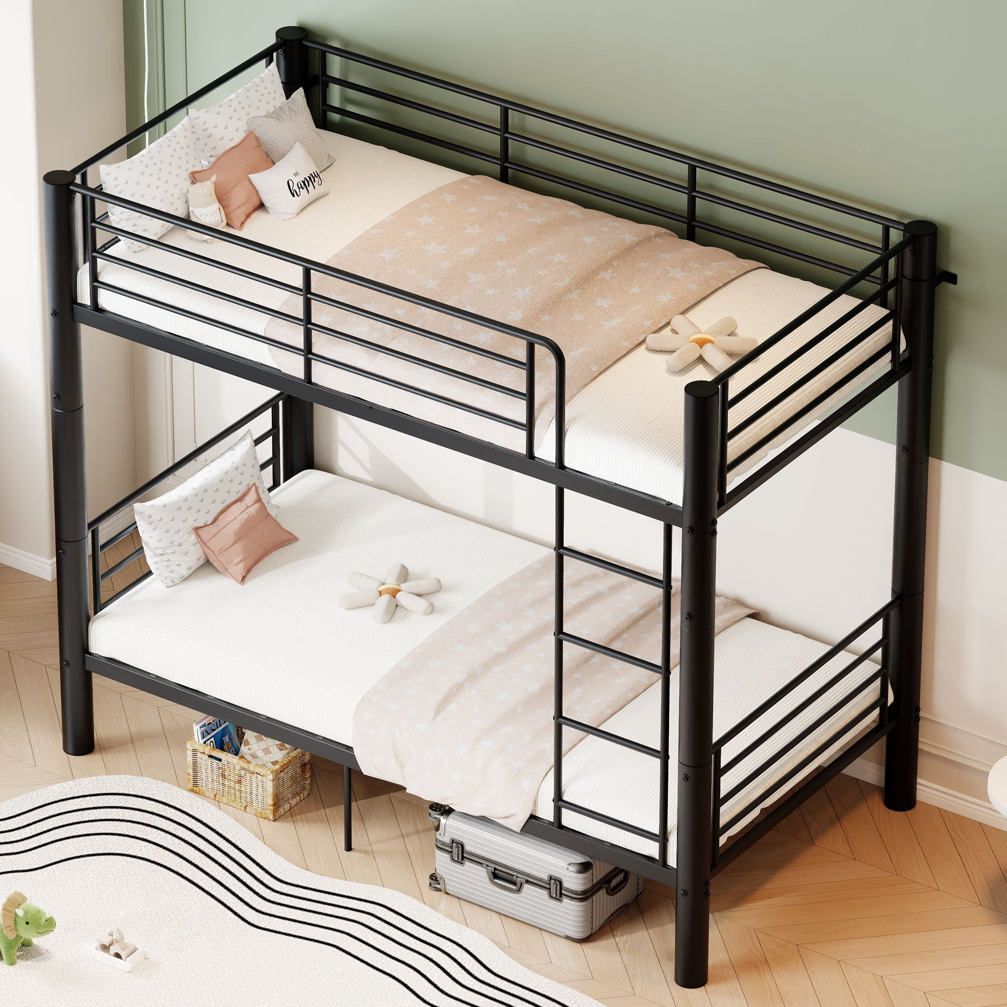 Alvantor Convertible Twin over Twin Metal Bunk Bed with 2" Steel Tube Frame, Black