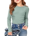 thumbnail image 2 of Shadoumai Girls Long Sleeve Shirts Ribbed Knit Draw Pleats Tops Slim Fit Crew Neck Cotton Undershirts Cute Sizes 5-14, 2 of 4