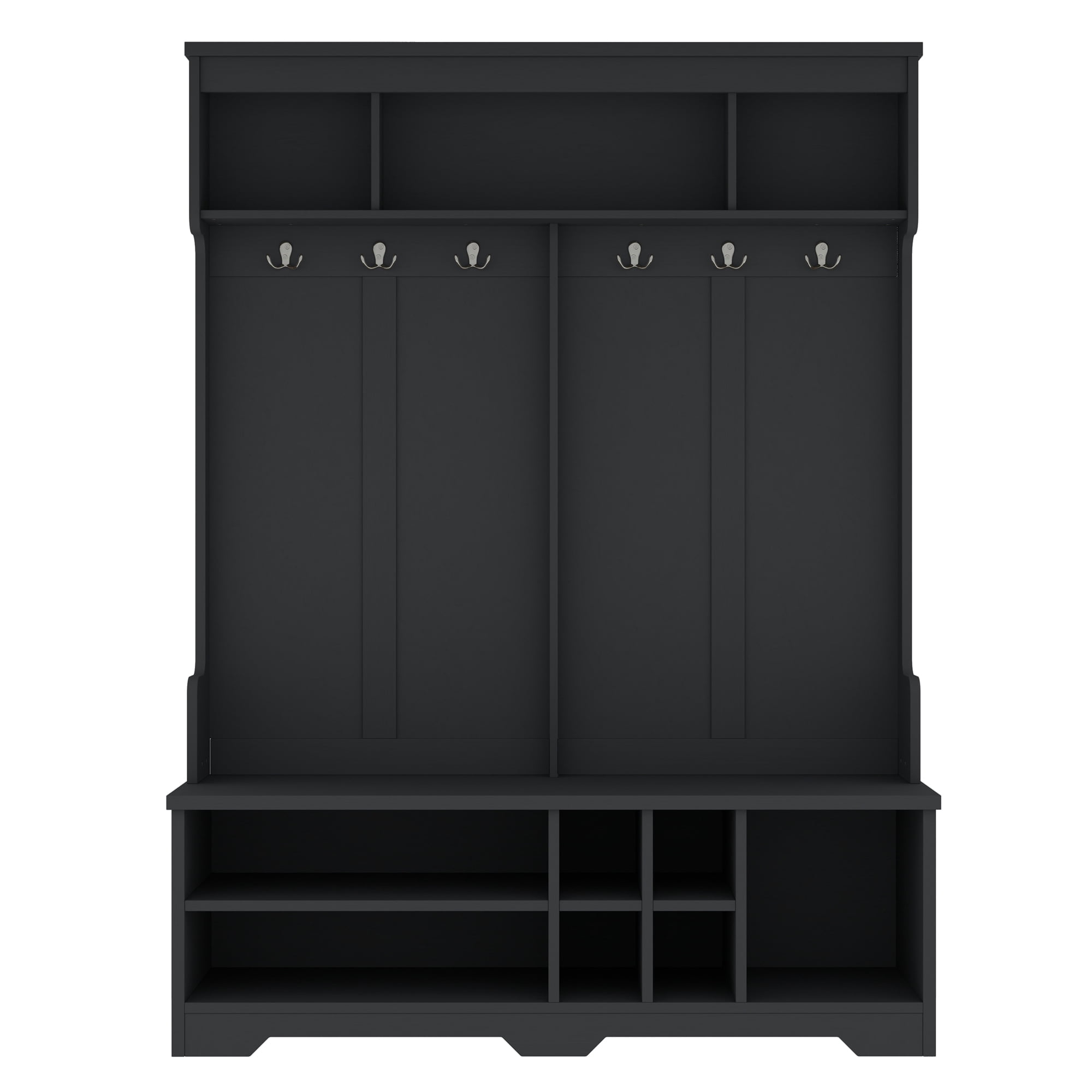 Mintazer Hall Tree with Coat Hooks, Multifunctional Entryway Shoe Storage Bench and Upper Open Cubbies for Living Room Mudroom Hallway, Black
