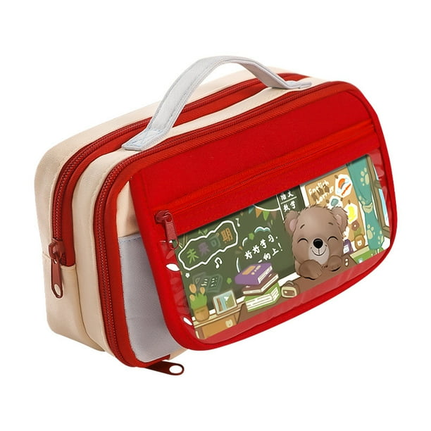Estuche para lápices de gran capacidad de 3 capas rojo con asa para niños
